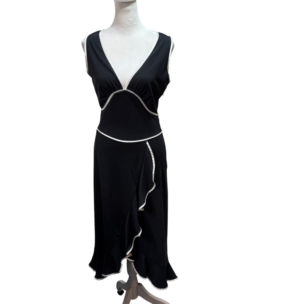 Allen by ABS‎ Black White Ruffle Trim V-Neck Midi Dress Small #300